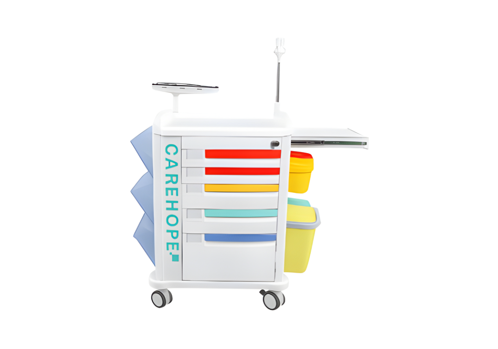 Emergency trolley, 1 tray, 5 drawers, with defibrillator holder and IV pole (Locamed)