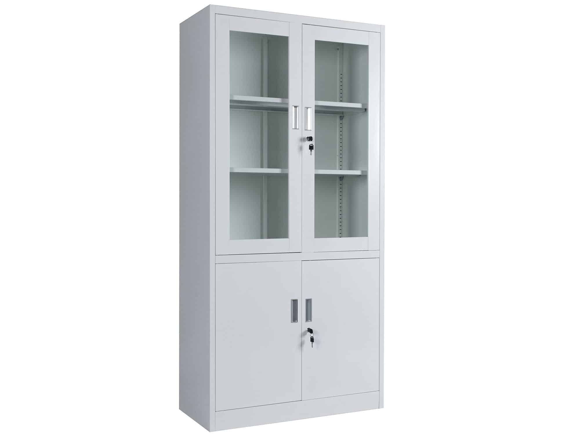 Metal medical cabinet with 2 glass doors and 2 solid doors, 3 shelves, key lock (Locamed)