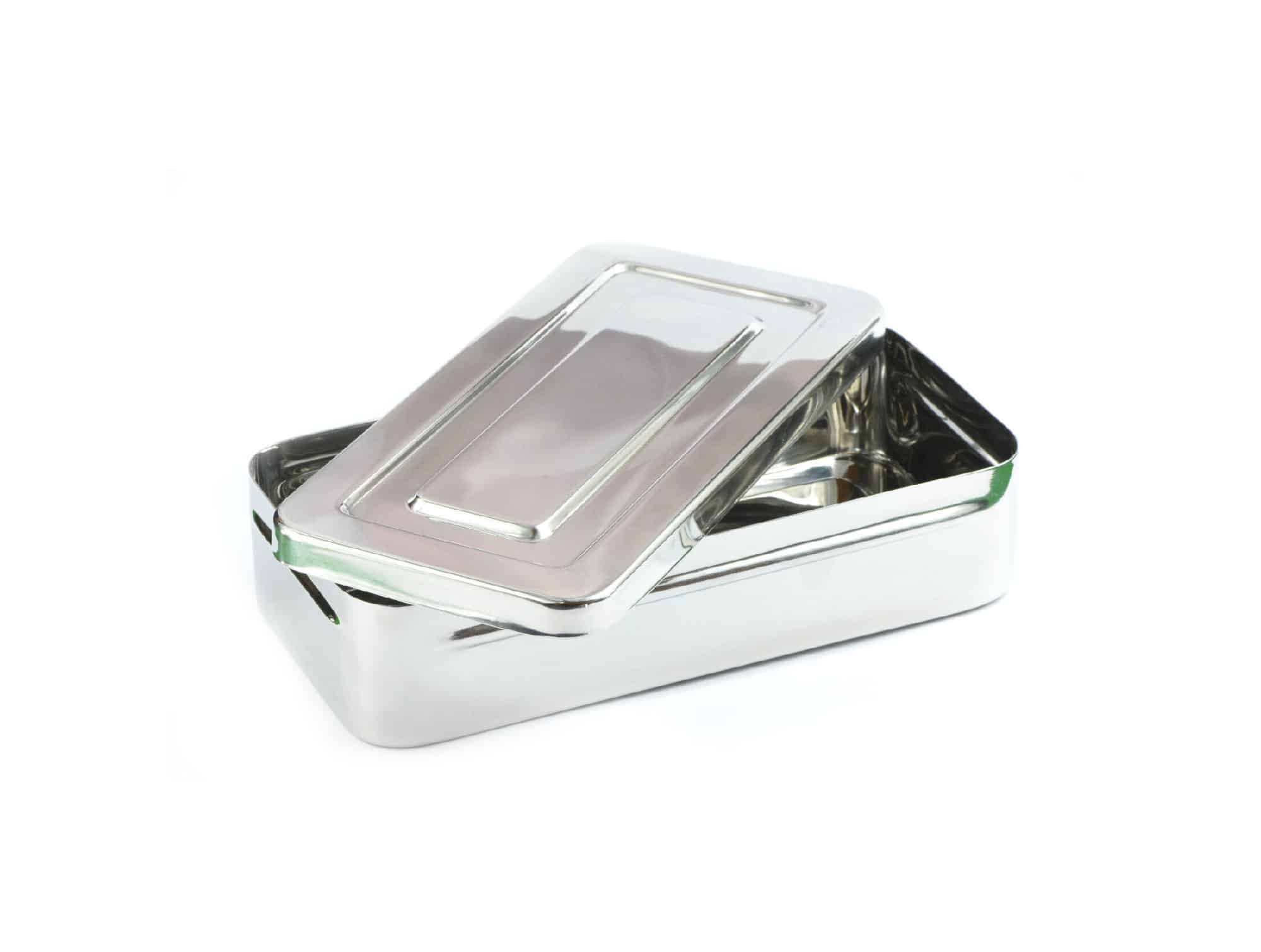 Empty stainless steel surgical instrument box with lid (Care&Cure Surgical)