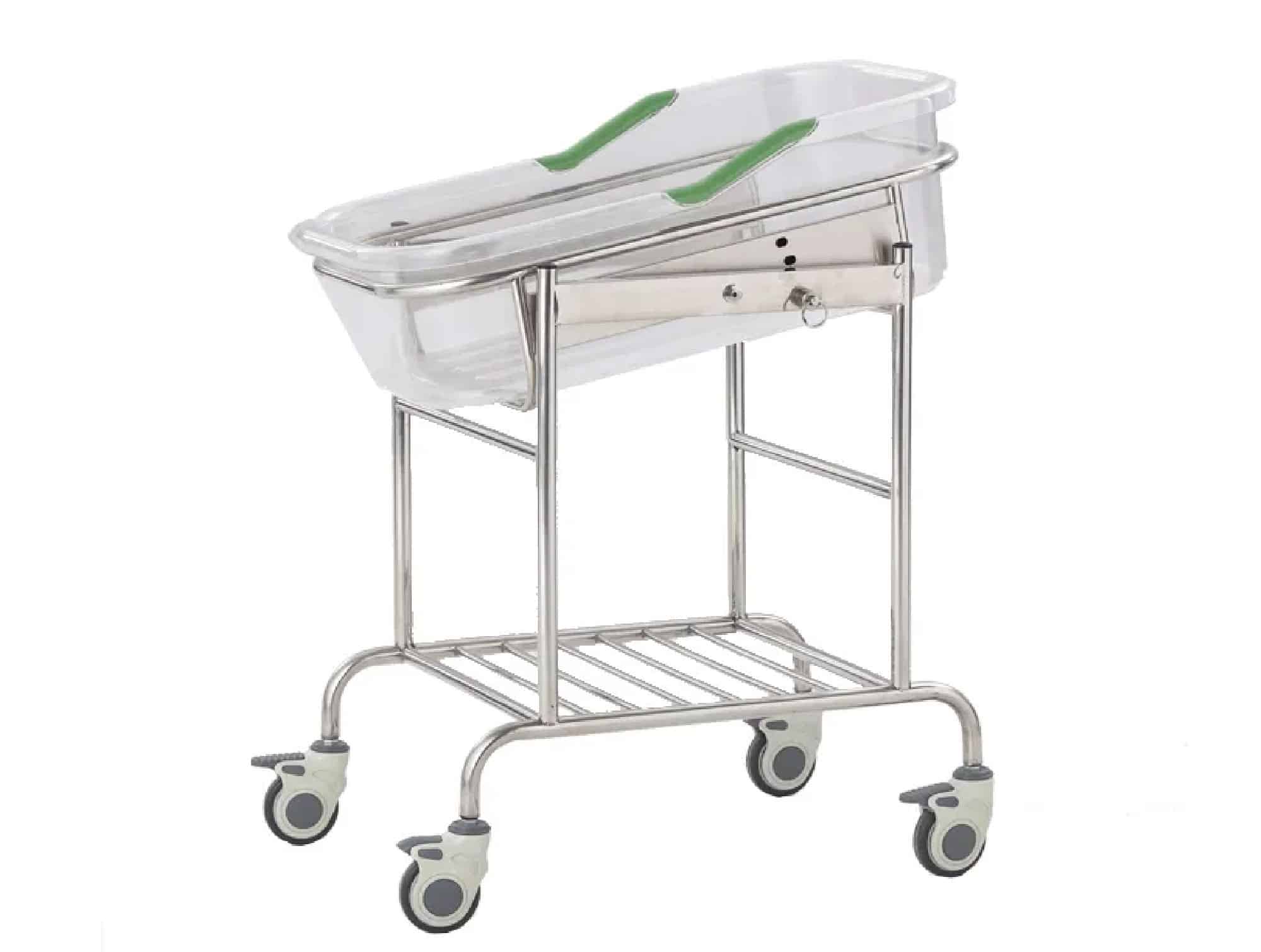 Neonatal baby bassinet on casters with clear acrylic tray, Locamed (L810 x W460 x H810 mm)