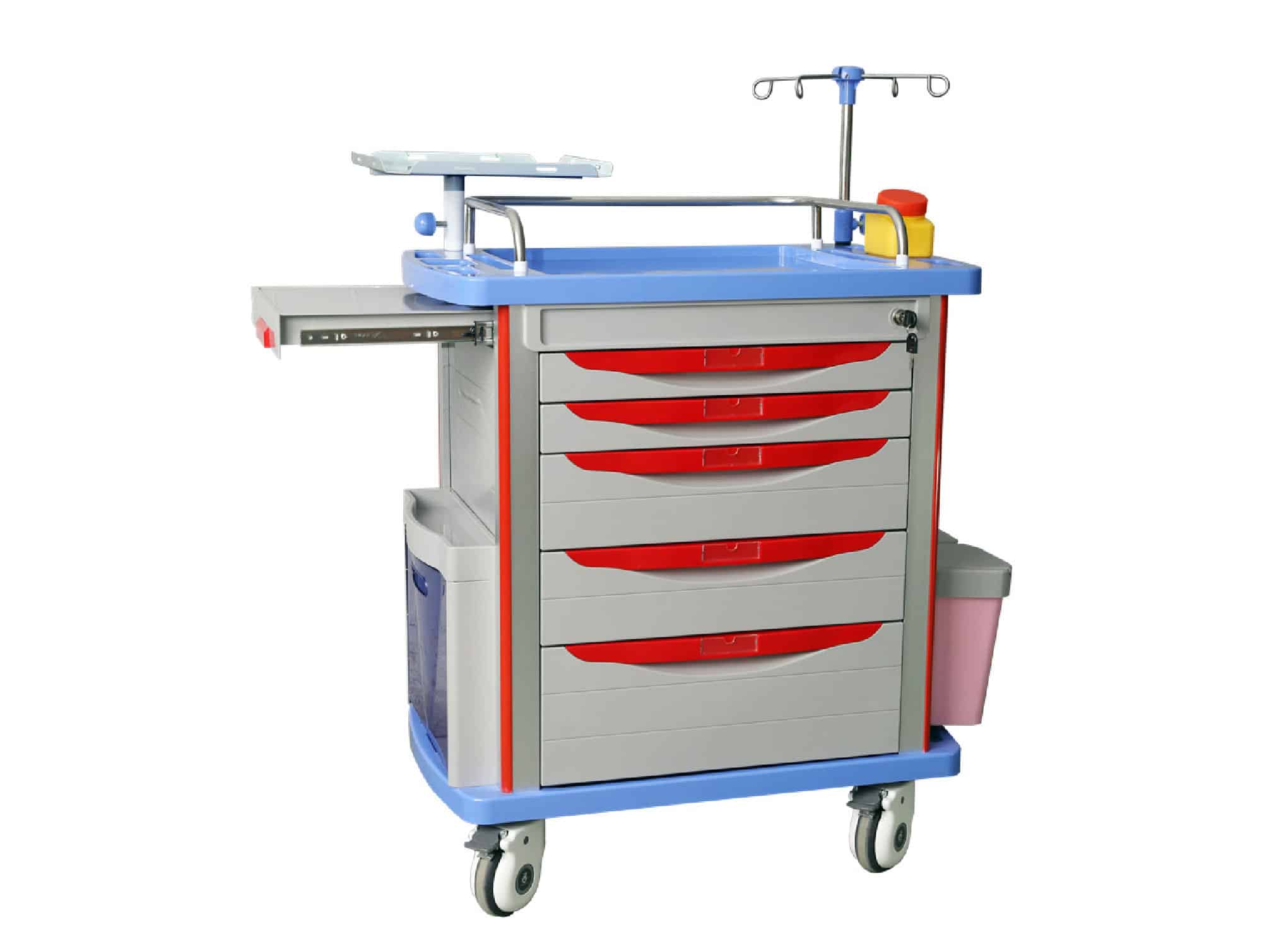 Emergency care trolley with 5 drawers, defibrillator support and IV pole (Locamed) - L850 x W520 x H1045 mm