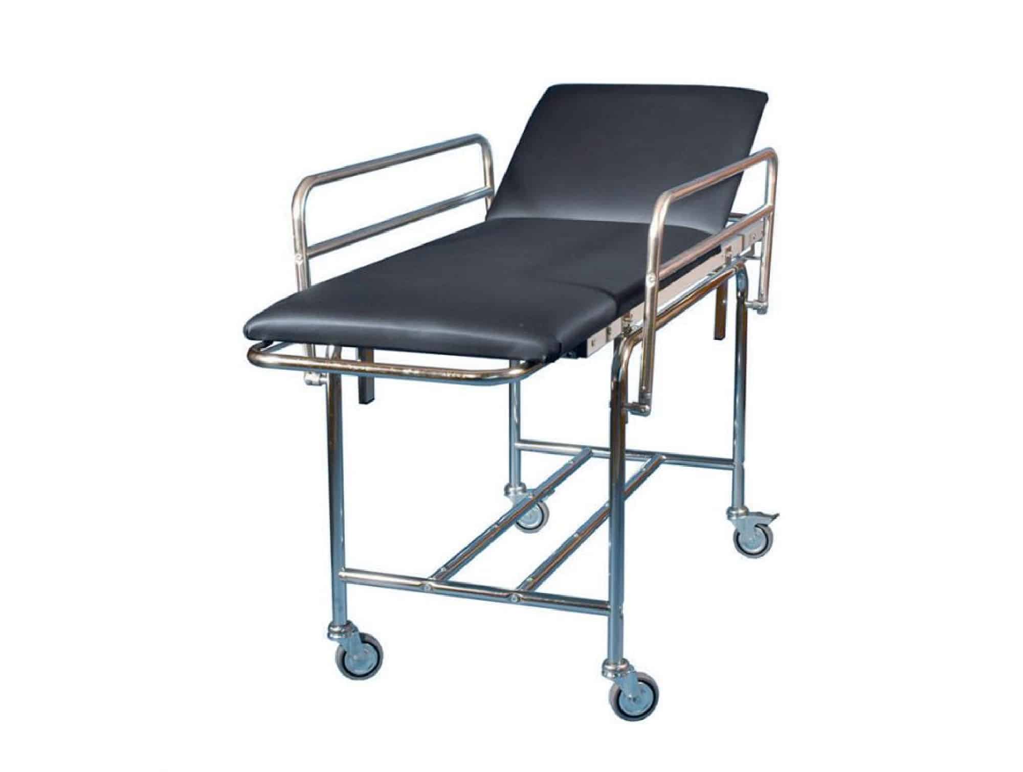 Stainless steel stretcher trolley with adjustable backrest and folding side rails (Locamed)