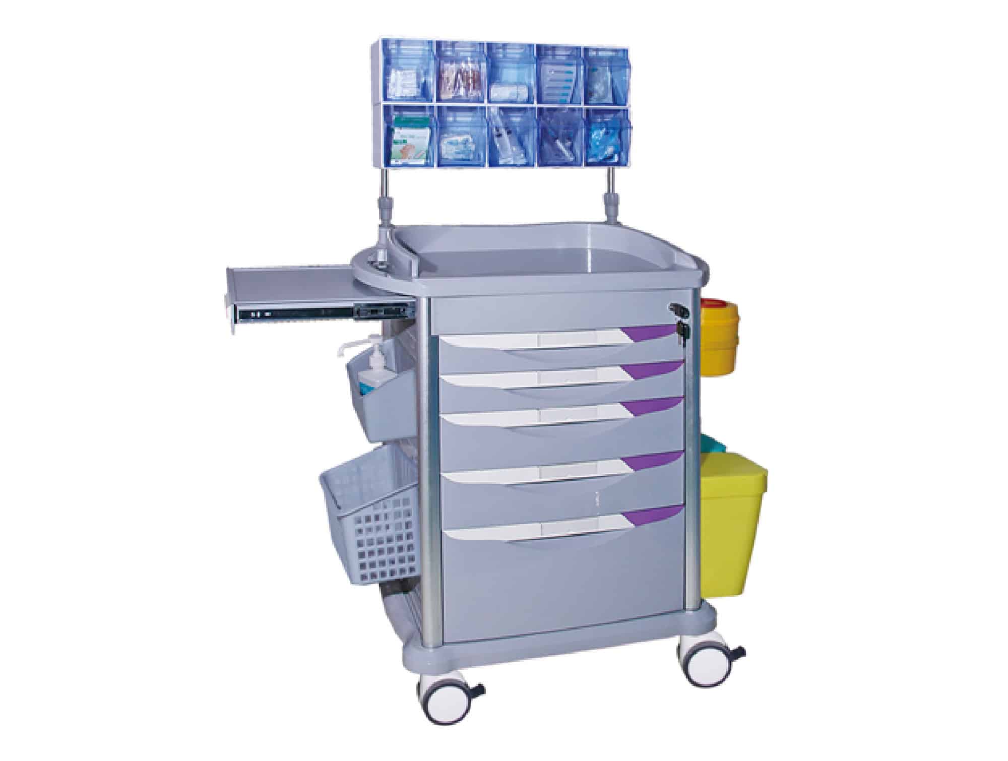 ABS anesthesia trolley with 5 drawers, central lock, braked casters (Locamed)