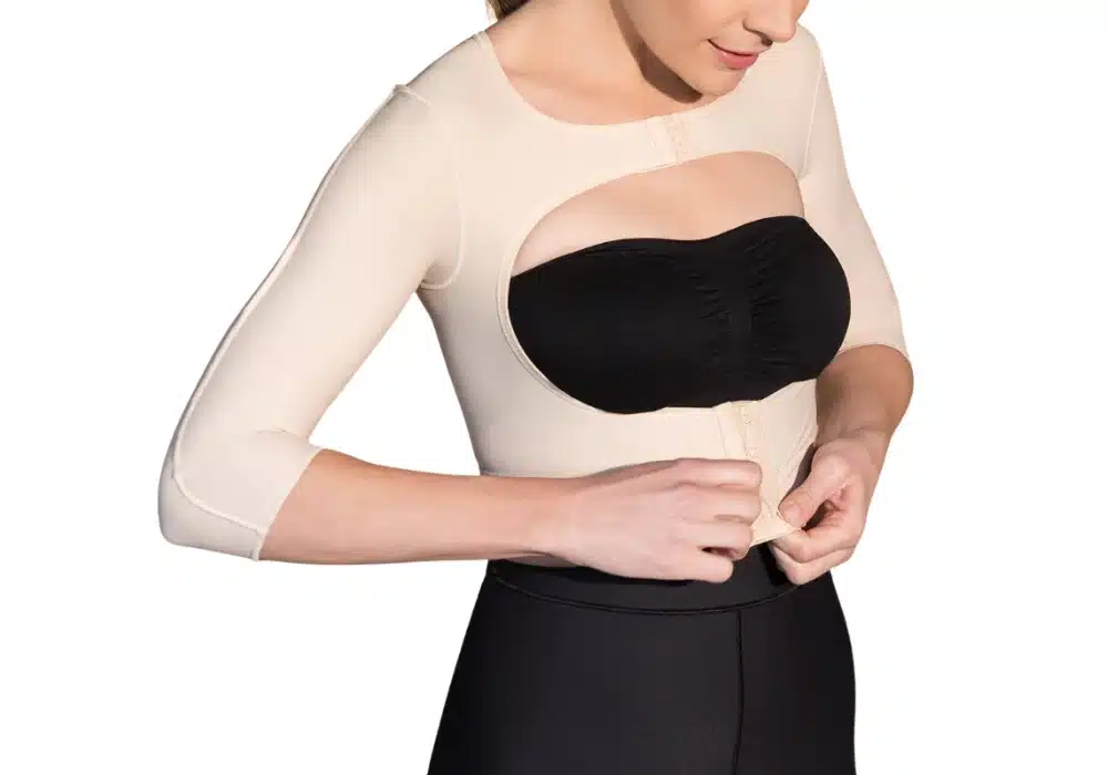 Postoperative compression bra with open bust, 3/4 sleeves, front hook closure (Beige) - Marena
