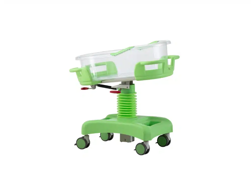 Baby bassinet on casters with height adjustment and 12° tilt (reverse Trendelenburg), green - Locamed L8004V