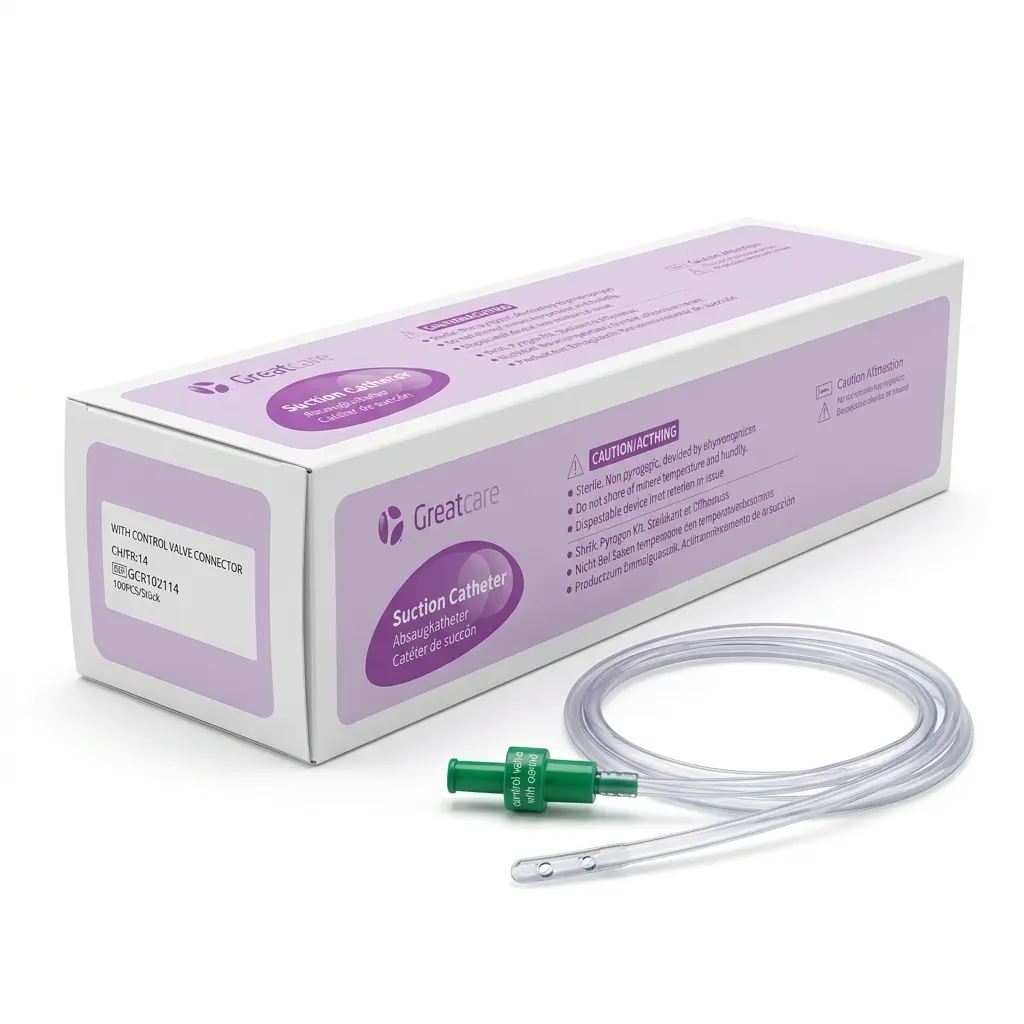قثطار سحب وإفرازات قصبية بصمام تحكم مقاس 14FR من Greatcare (مرجع GCR102114)