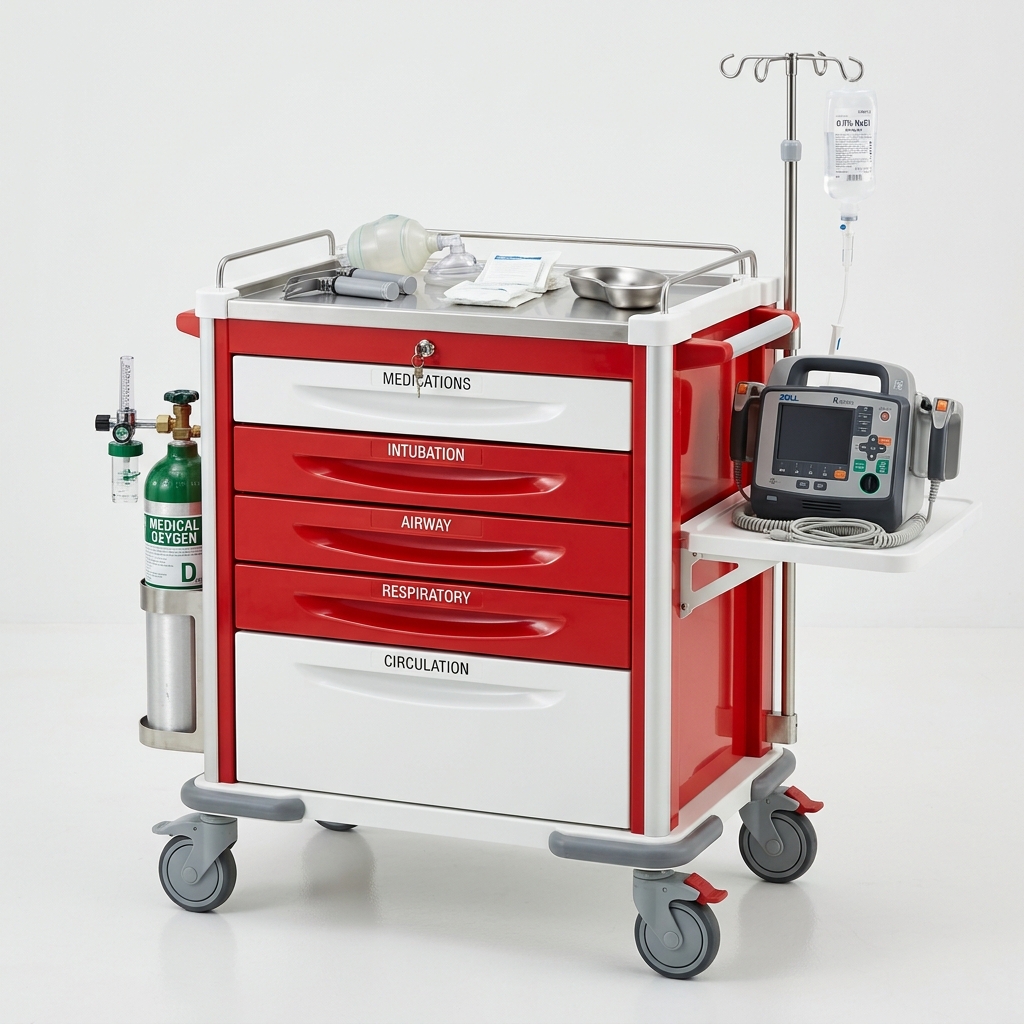 ABS emergency crash cart with 5 drawers and defibrillator support