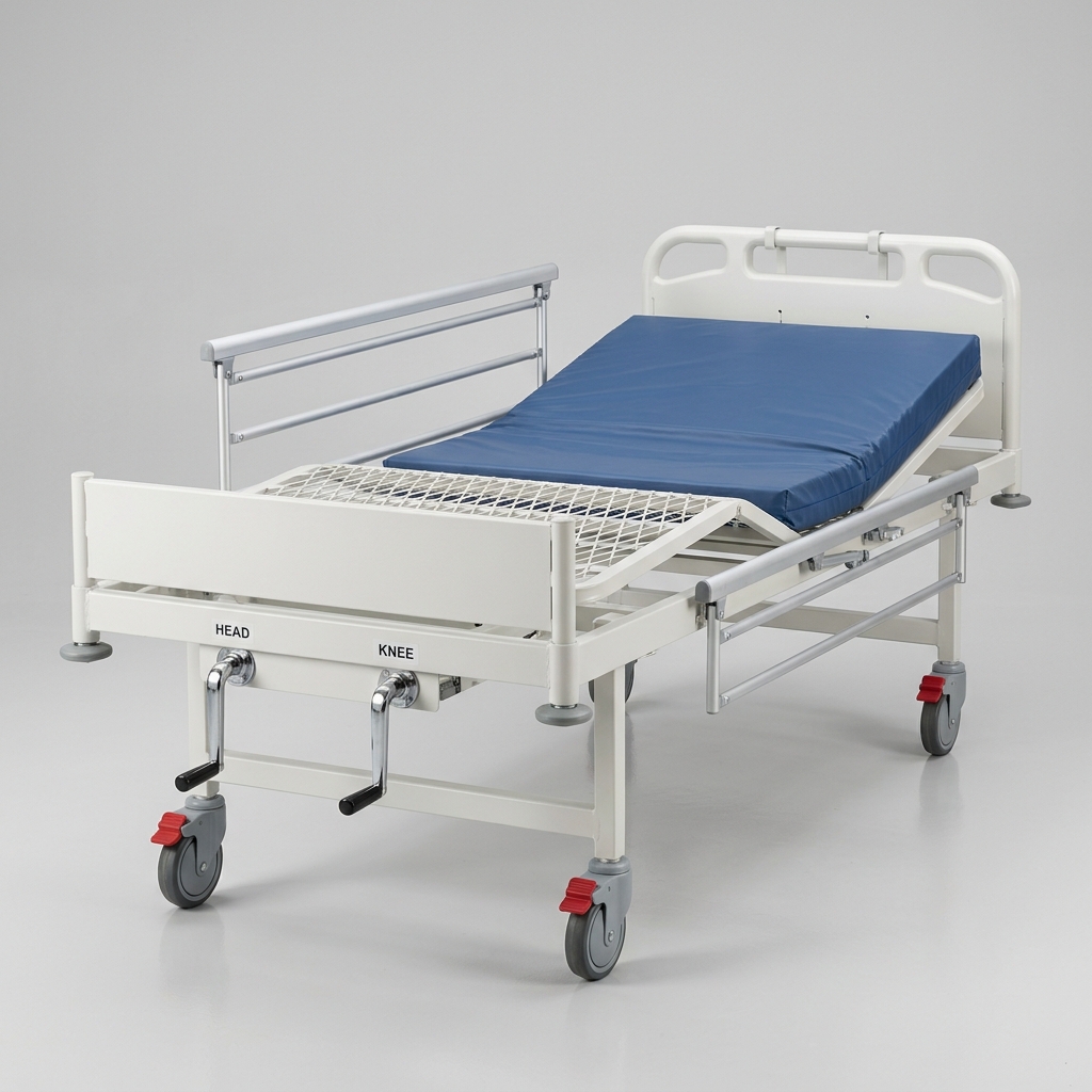 2-Crank Manual Hospital Bed with Rails, Table, and IV Pole