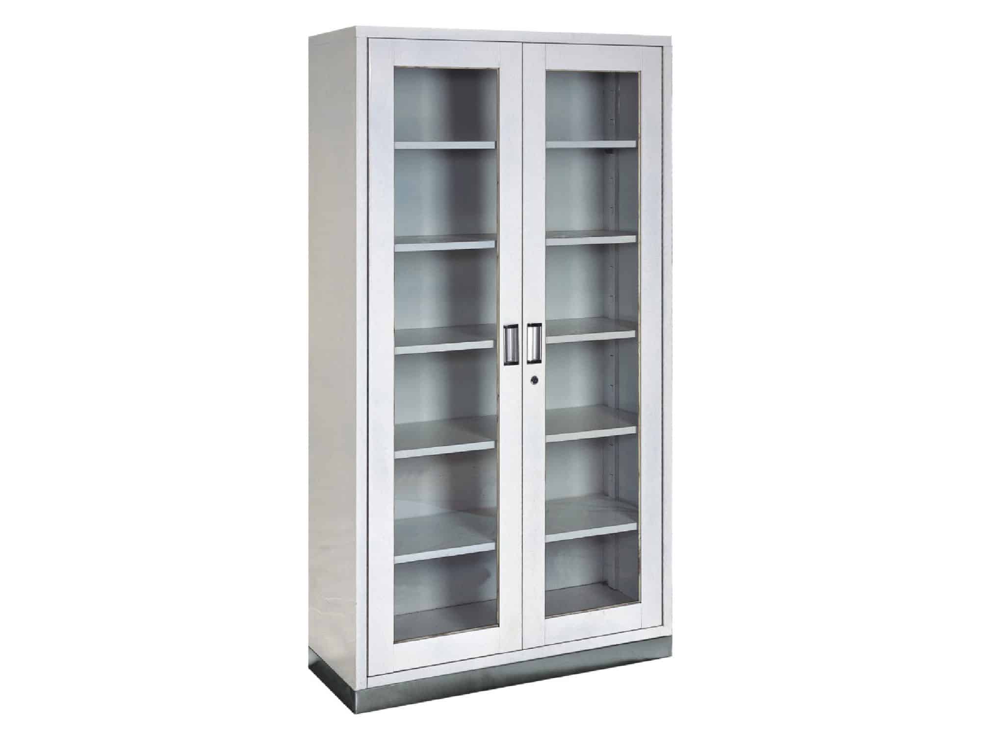 Metal cabinet with 2 glass doors, 5 shelves, and key lock