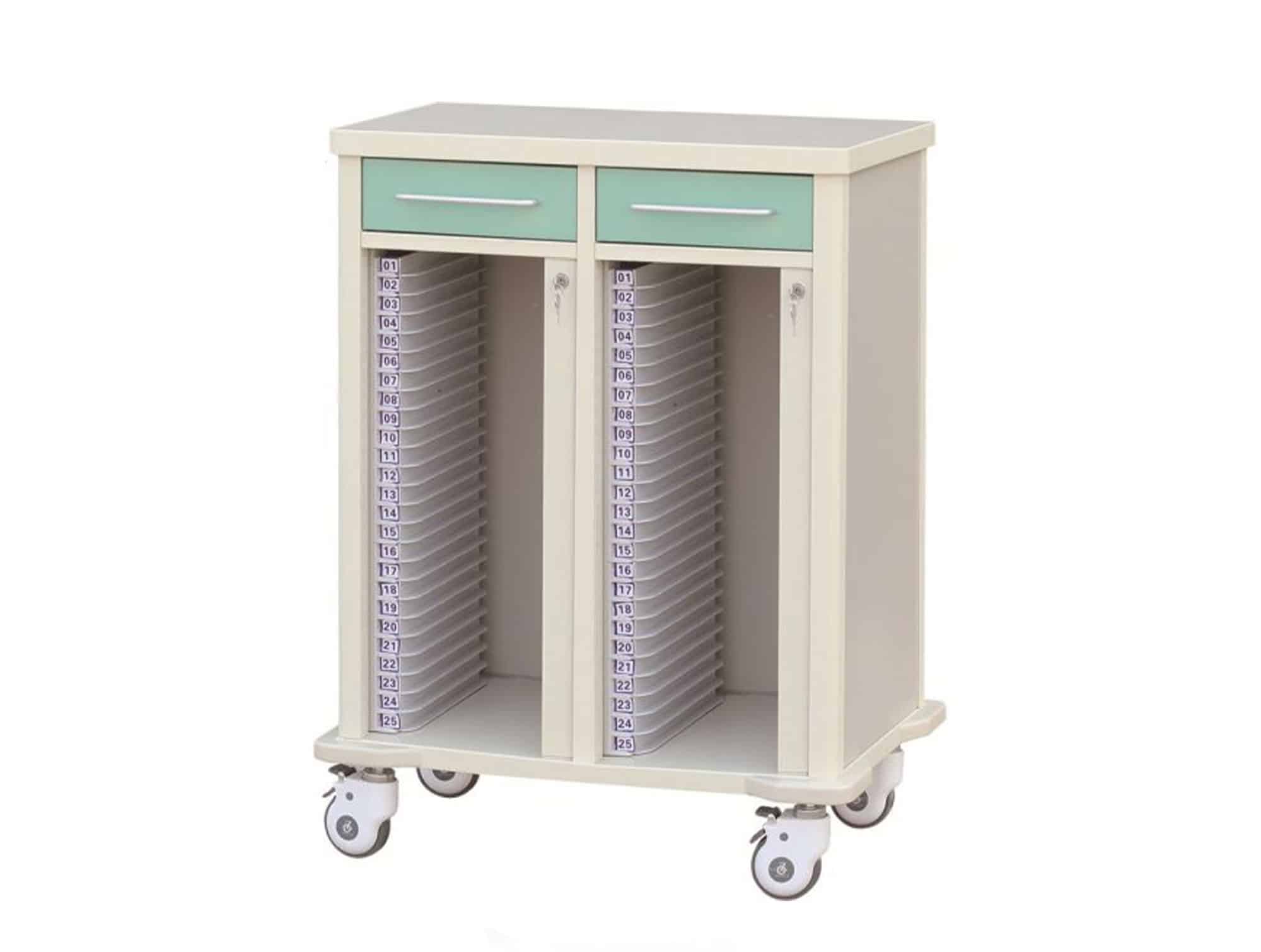Chariot de stockage pour dossiers médicaux double rangée, 50 couches, 2 tiroirs