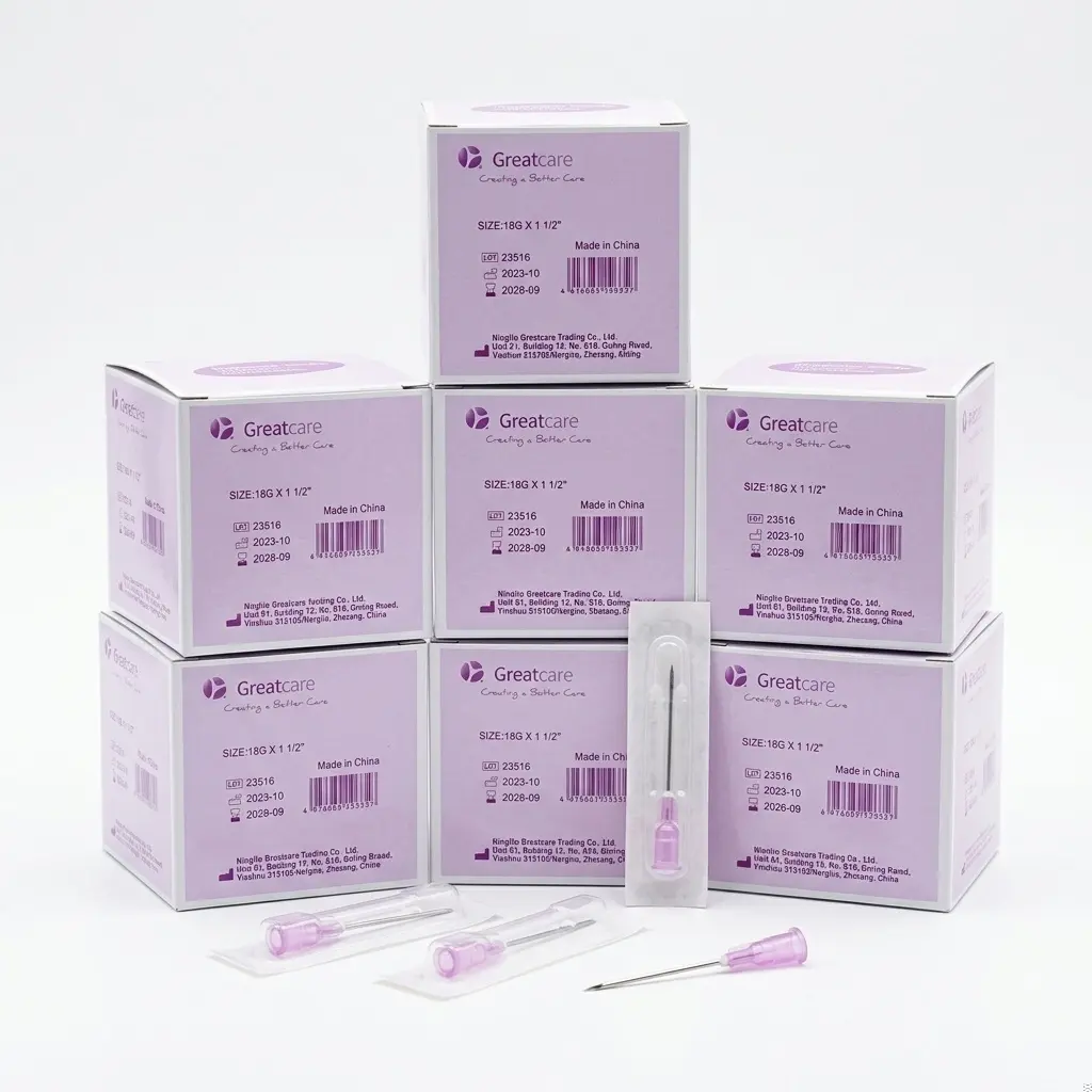 إبر طبية معقمة للاستعمال مرة واحدة 18G × 1 1/2 من Greatcare - علبة 100 قطعة