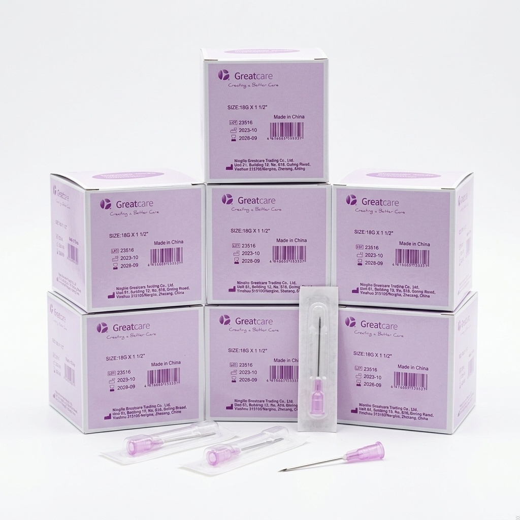إبر طبية معقمة للاستعمال مرة واحدة 18G × 1 1/2 من Greatcare - علبة 100 قطعة