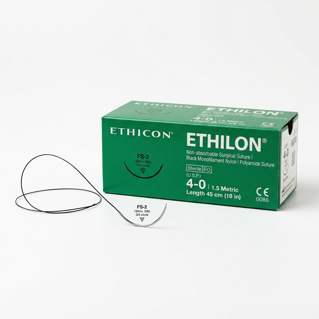 Suture Non Résorbable Ethilon™ (Polyamide / Nylon) 4/0 Ronde NOIR AIG DROITE 48MM 90CM - Ethicon (Réf: ETHF2429)