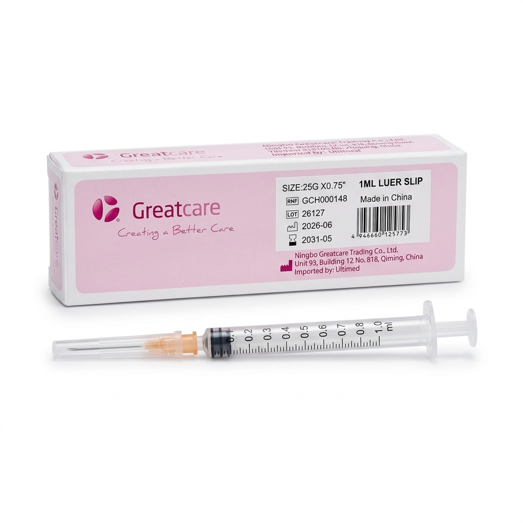 محقنة طبية معقمة 1 مل Luer Slip مع إبرة 25G × 3/4 من Greatcare - علبة 100 قطعة (مرجع GCH000148)