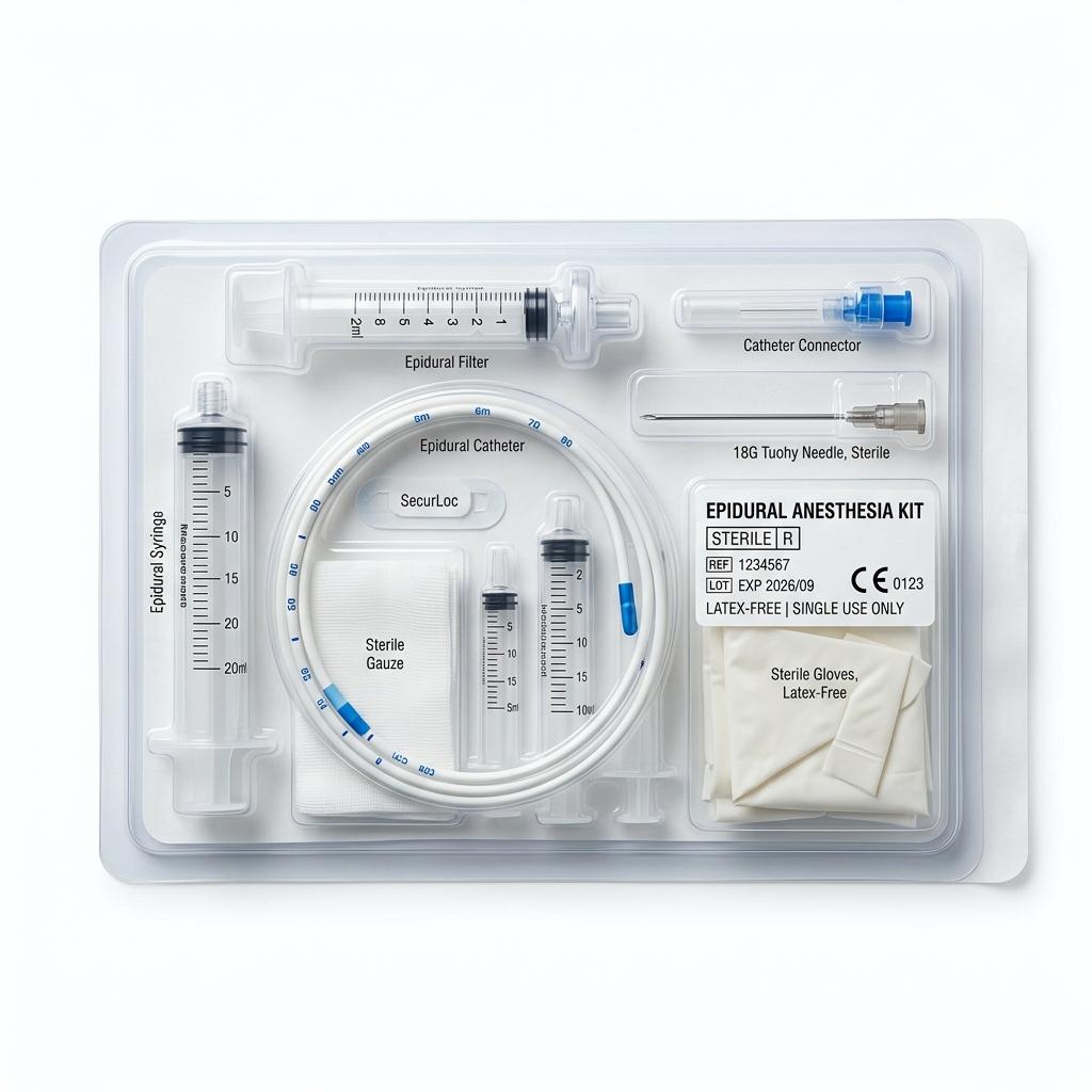 Sterile Egemen epidural kit with Tuohy needle and loss of resistance syringe