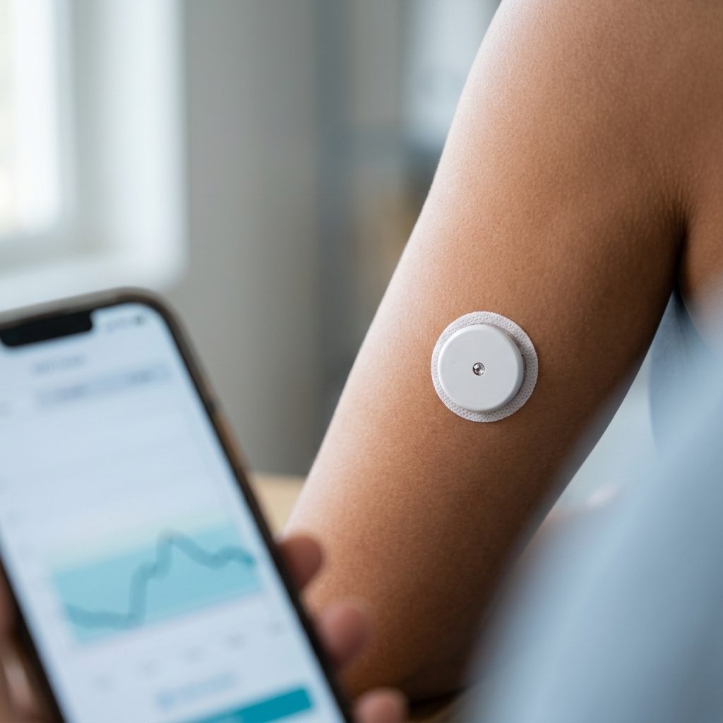 حساس Anytime CGM على ذراع المريضة مع هاتف ذكي يعرض منحنى السكر