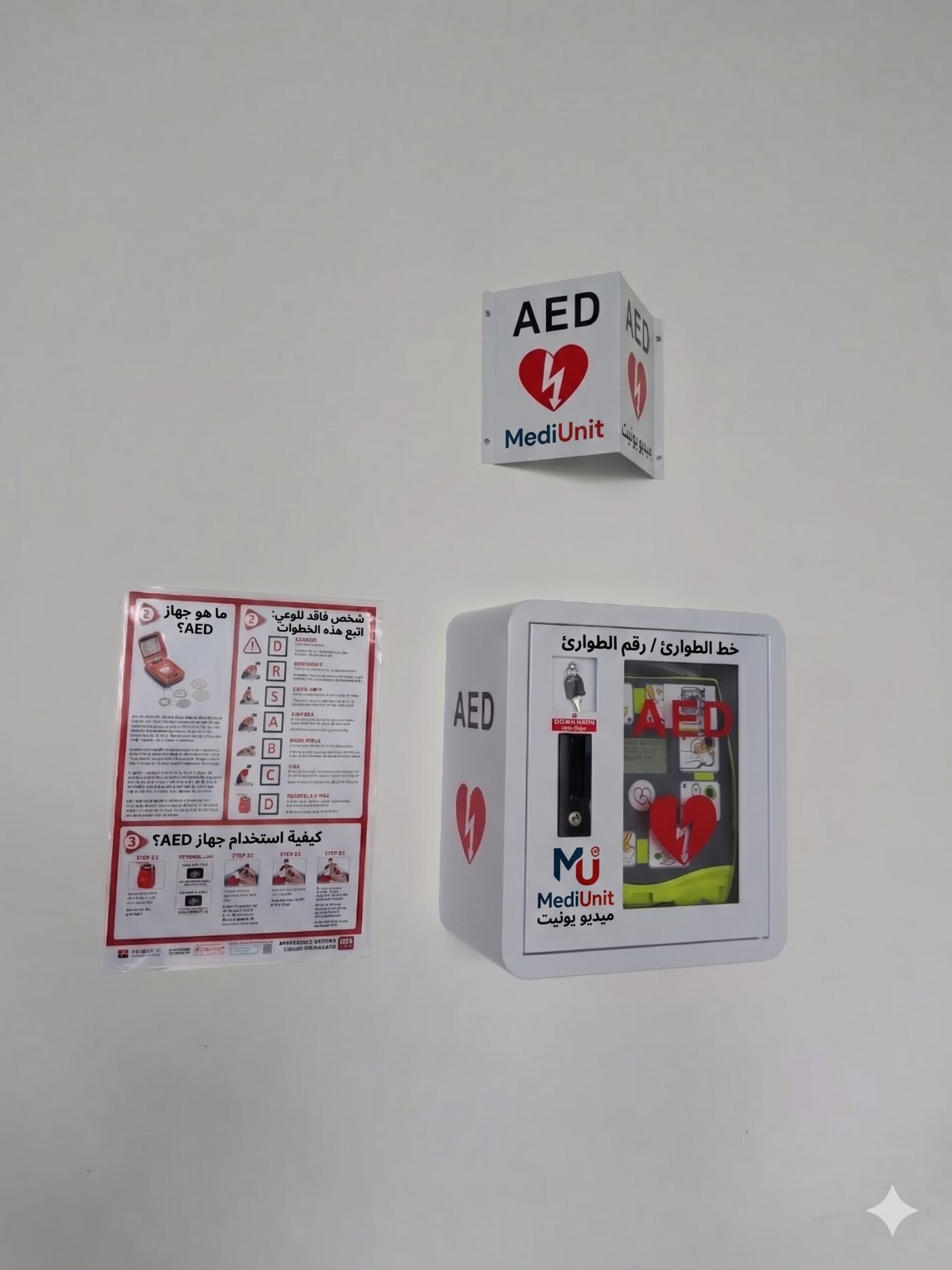Final AED installation in a Casablanca office with wall cabinet, signage, and instructions