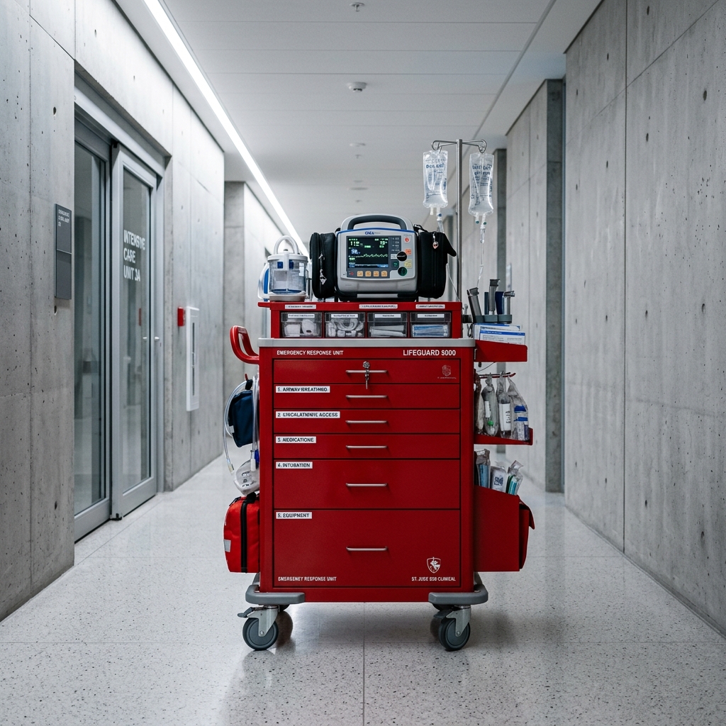 Red clinical emergency crash cart in a hospital corridor