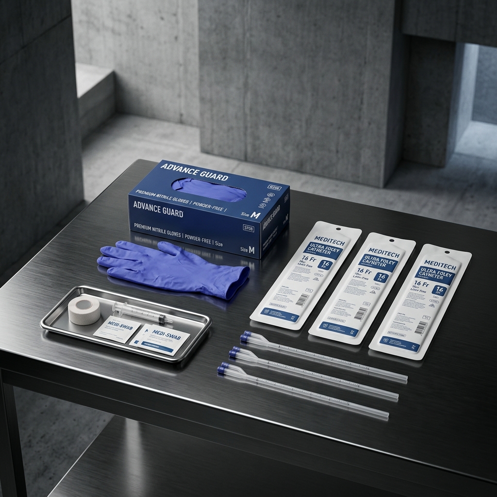 Premium medical gloves and consumables on a stainless steel surface