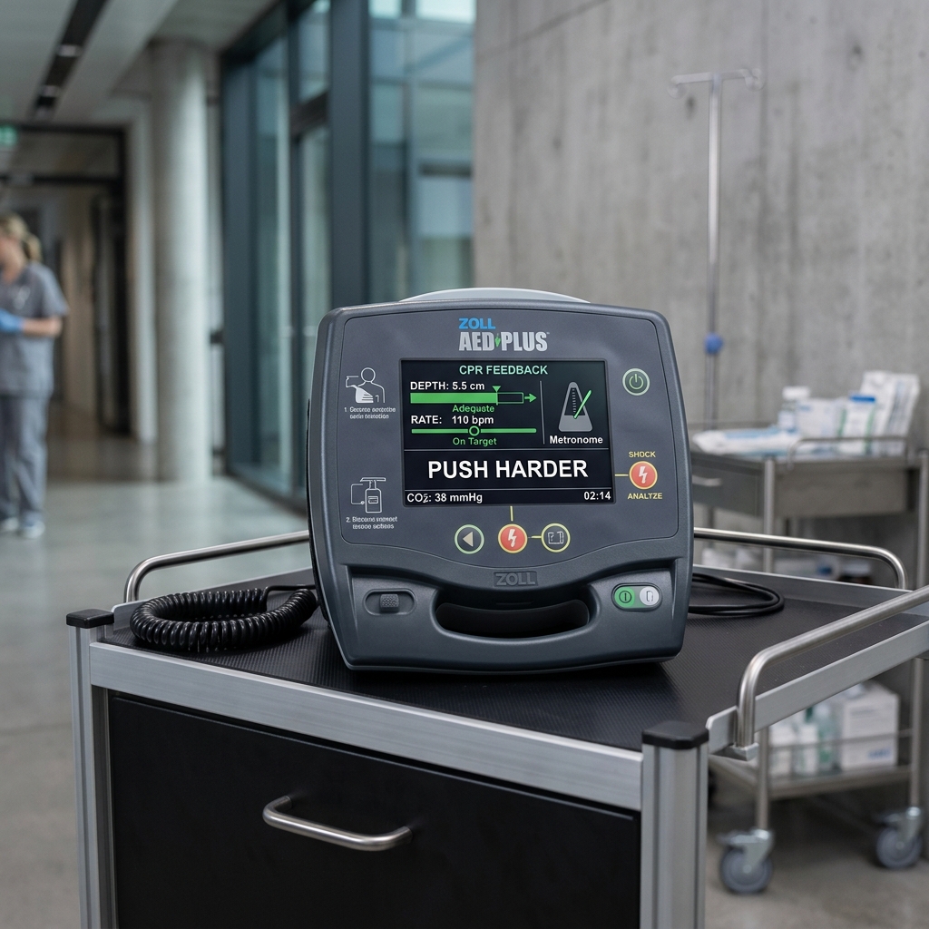 AED interface displaying CPR feedback metrics