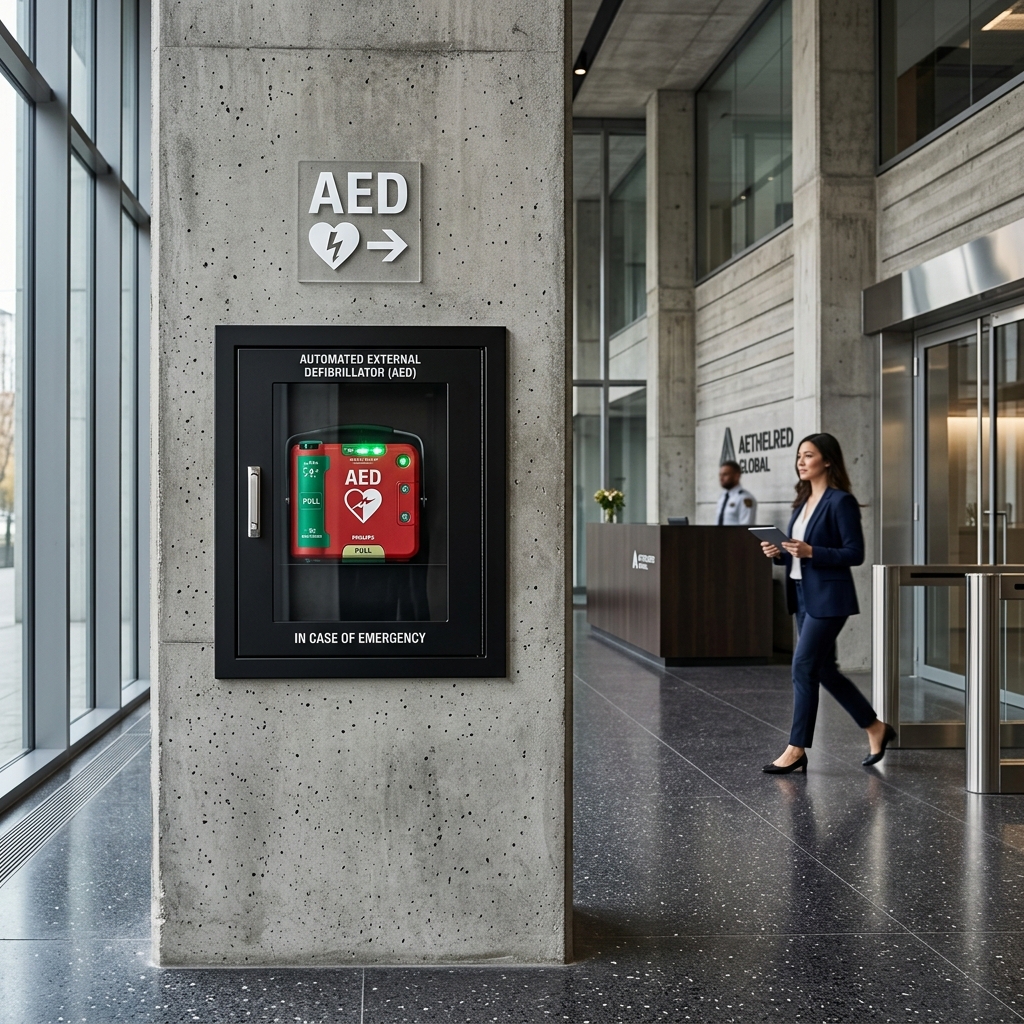 Automated External Defibrillator (AED) in an architectural wall cabinet