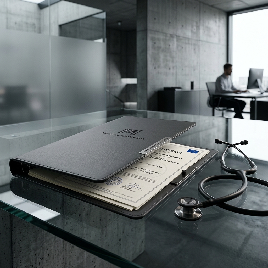 Compliance documents and CE certificates on a desk