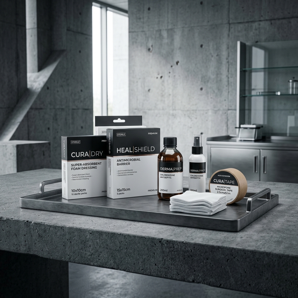 Wound care supplies and sterile dressings on a clinical tray