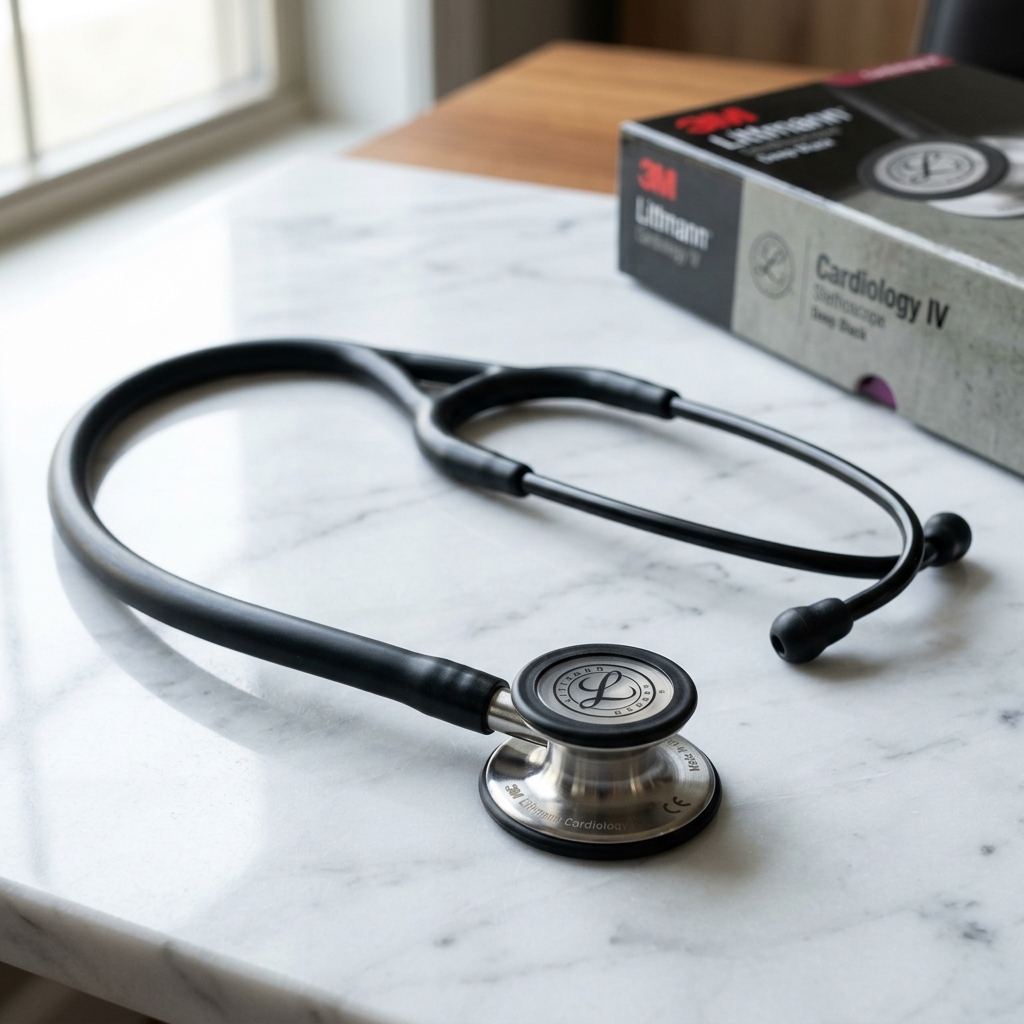 سماعة 3M Littmann Cardiology IV سوداء مع غشاء من الفولاذ المقاوم على خلفية بيضاء طبية