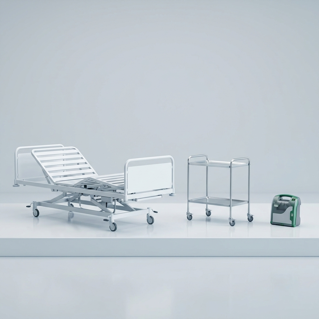 Locamed catalogue with medical bed, stainless trolley, and iPAD AED on MediUnit background
