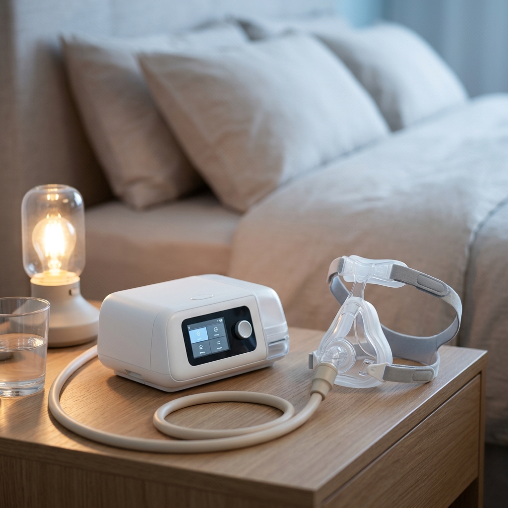 جهاز ResMed AirSense 11 مع قناع AirFit F20 وأنبوب مدفأ على طاولة جانبية
