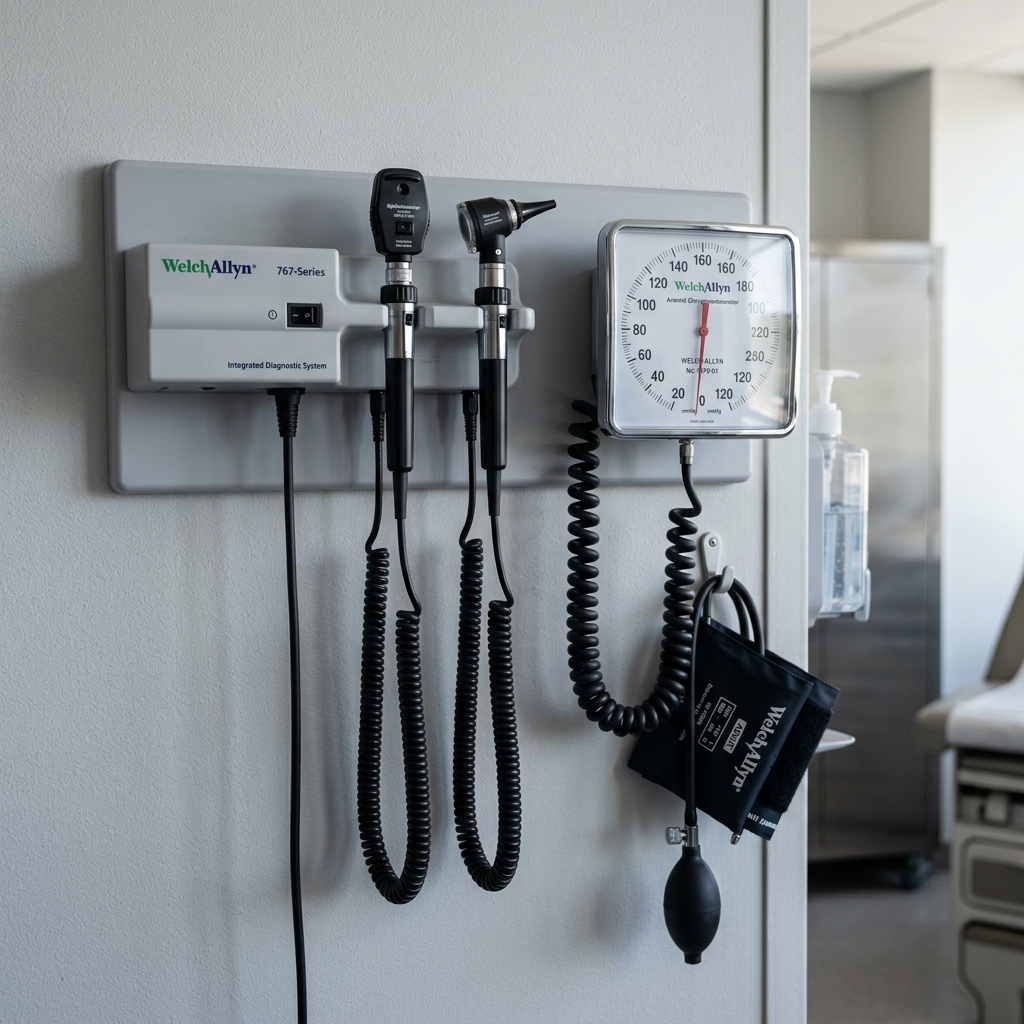 Set de diagnostic mural Welch Allyn avec otoscope, ophtalmoscope et tensiomètre installés sur un mur clinique