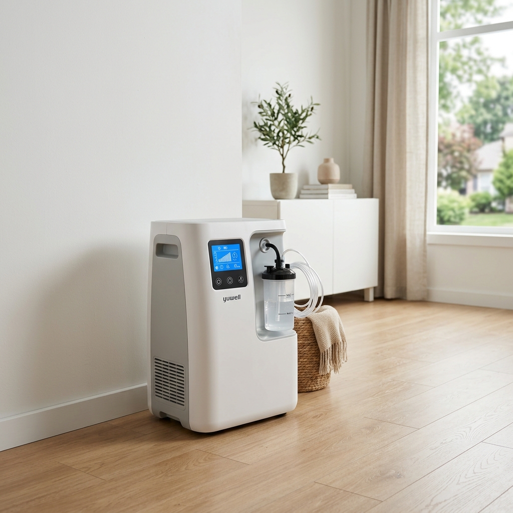 Yuwell 8F-5AW oxygen concentrator with LCD screen and remote control on white background