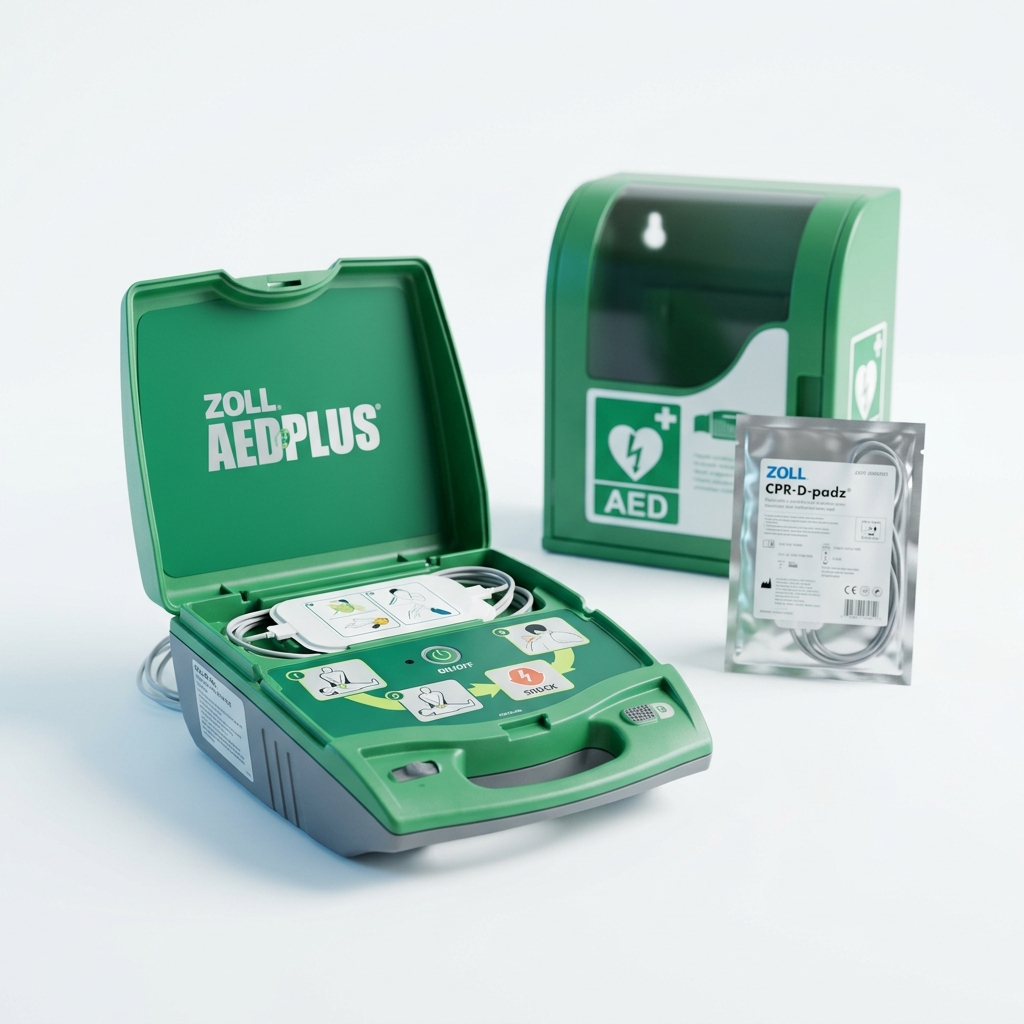 جهاز ZOLL AED Plus مع صندوق جداري وأقطاب على خلفية بيضاء طبية