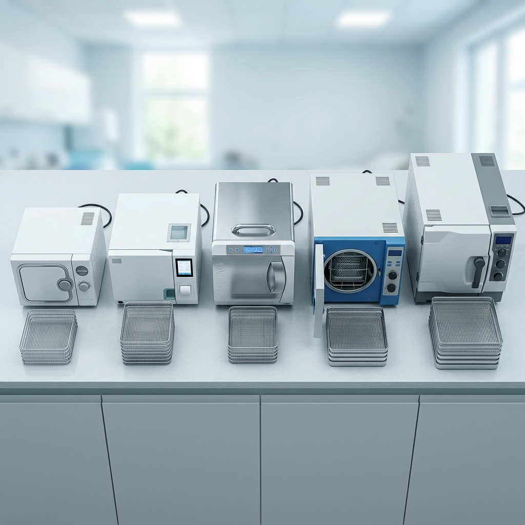 Cinq autoclaves de paillasse classe B alignés sur fond blanc avec capacités 18L et 22L