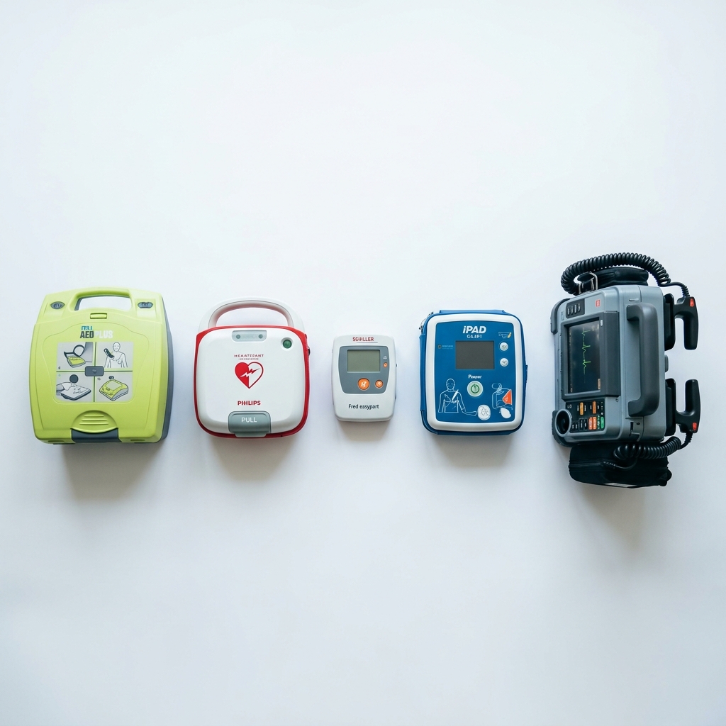 Cinq défibrillateurs AED alignés sur fond blanc avec étiquettes ZOLL, Philips, Schiller, iPAD, Cardioaid