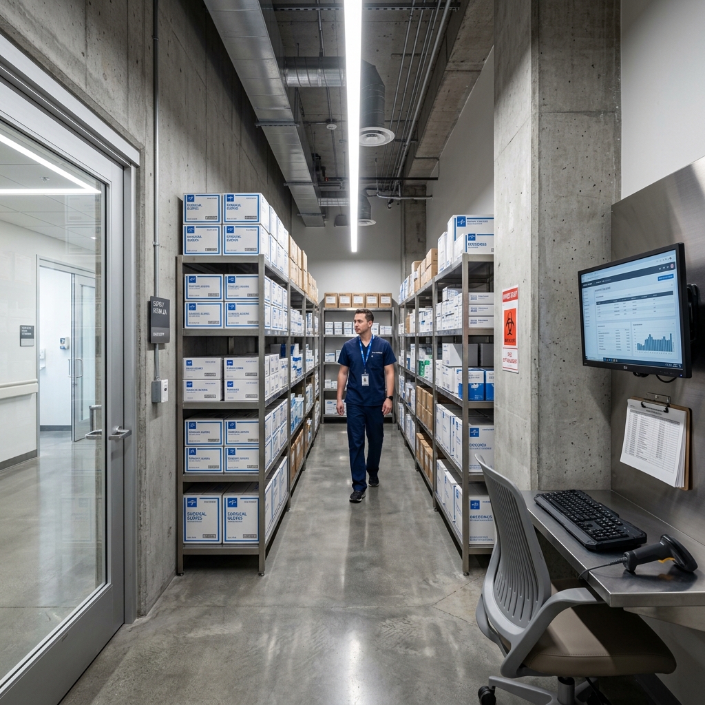 Pristine hospital supply room with organized shelving