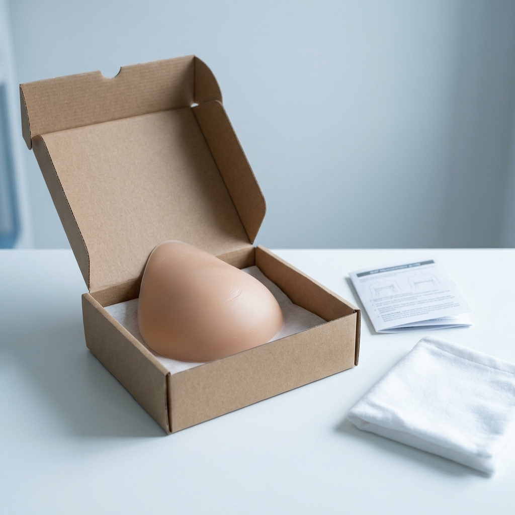 Medical-grade silicone external breast prosthesis shown in MediUnit packaging