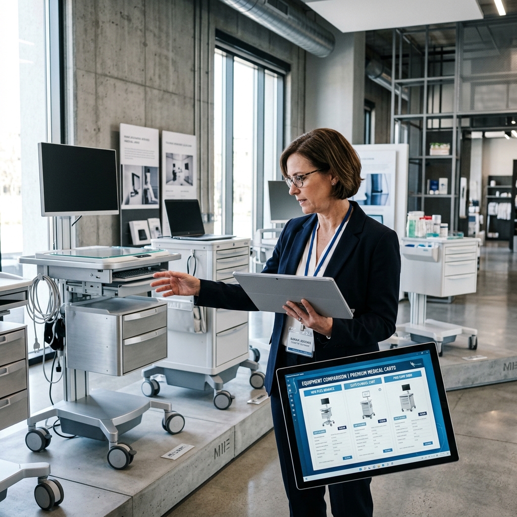 Manager comparing medical carts in a showroom