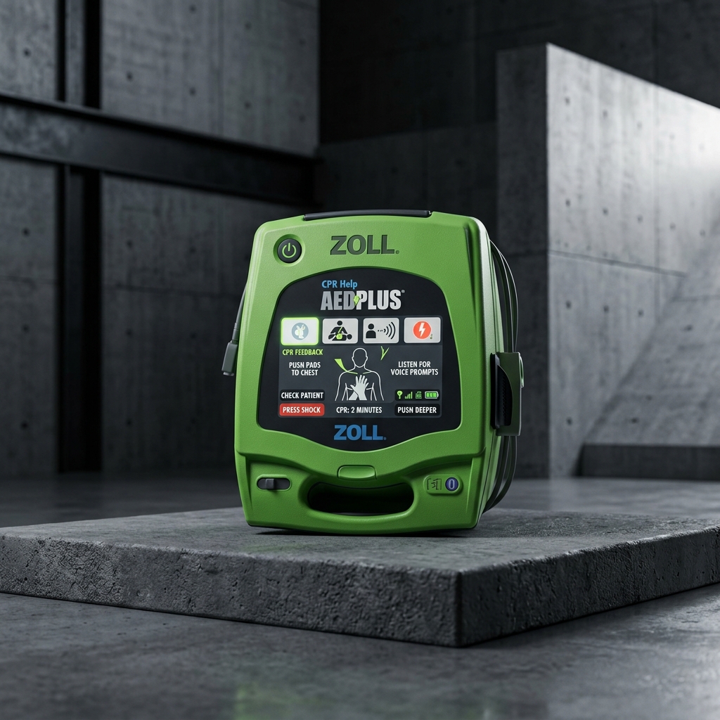 Green ZOLL AED Plus defibrillator with CPR help interface